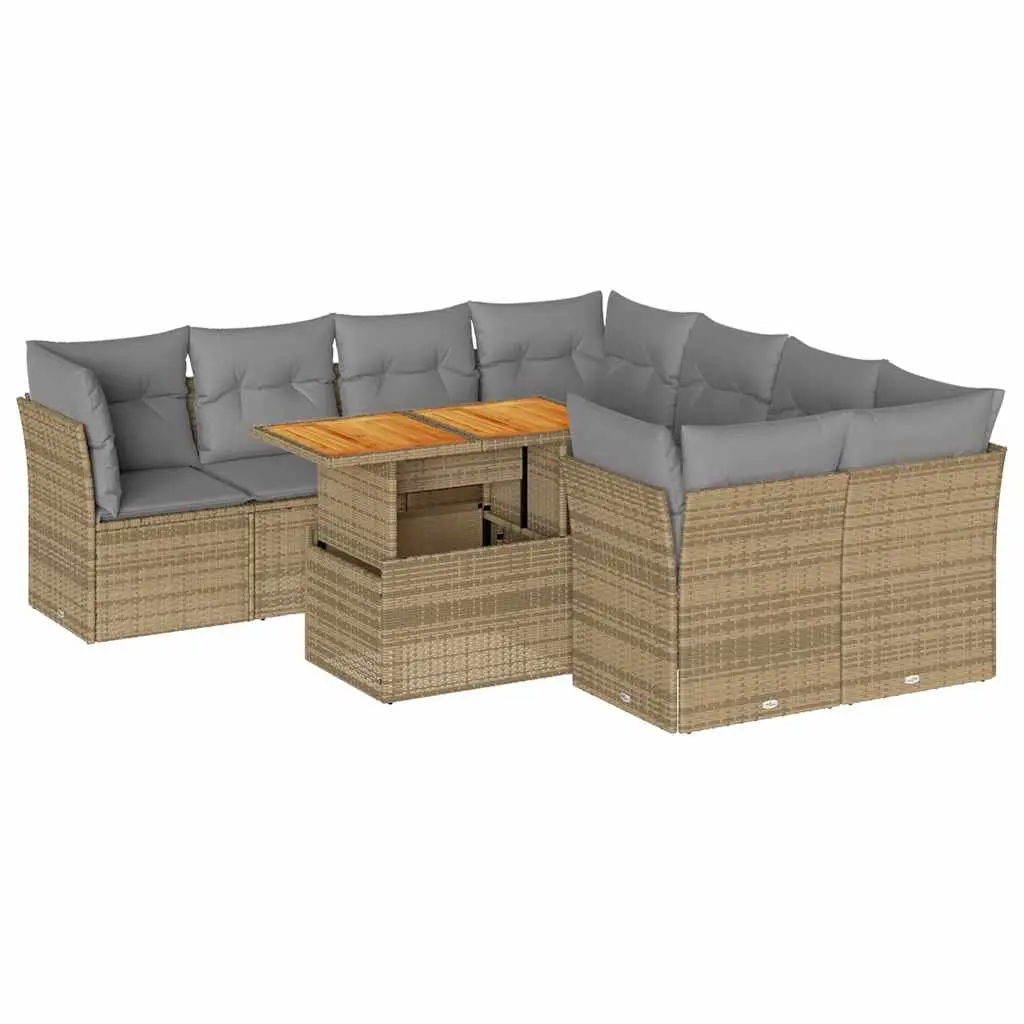9 Piece Garden Sofa Set with Cushions Beige Poly Rattan 3326908 - Furniture