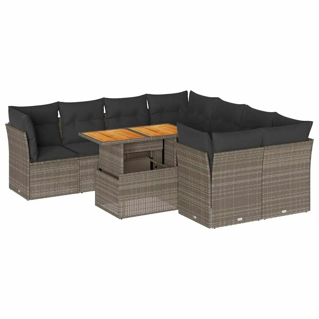 9 Piece Garden Sofa Set with Cushions Grey Poly Rattan 3326909 - Furniture