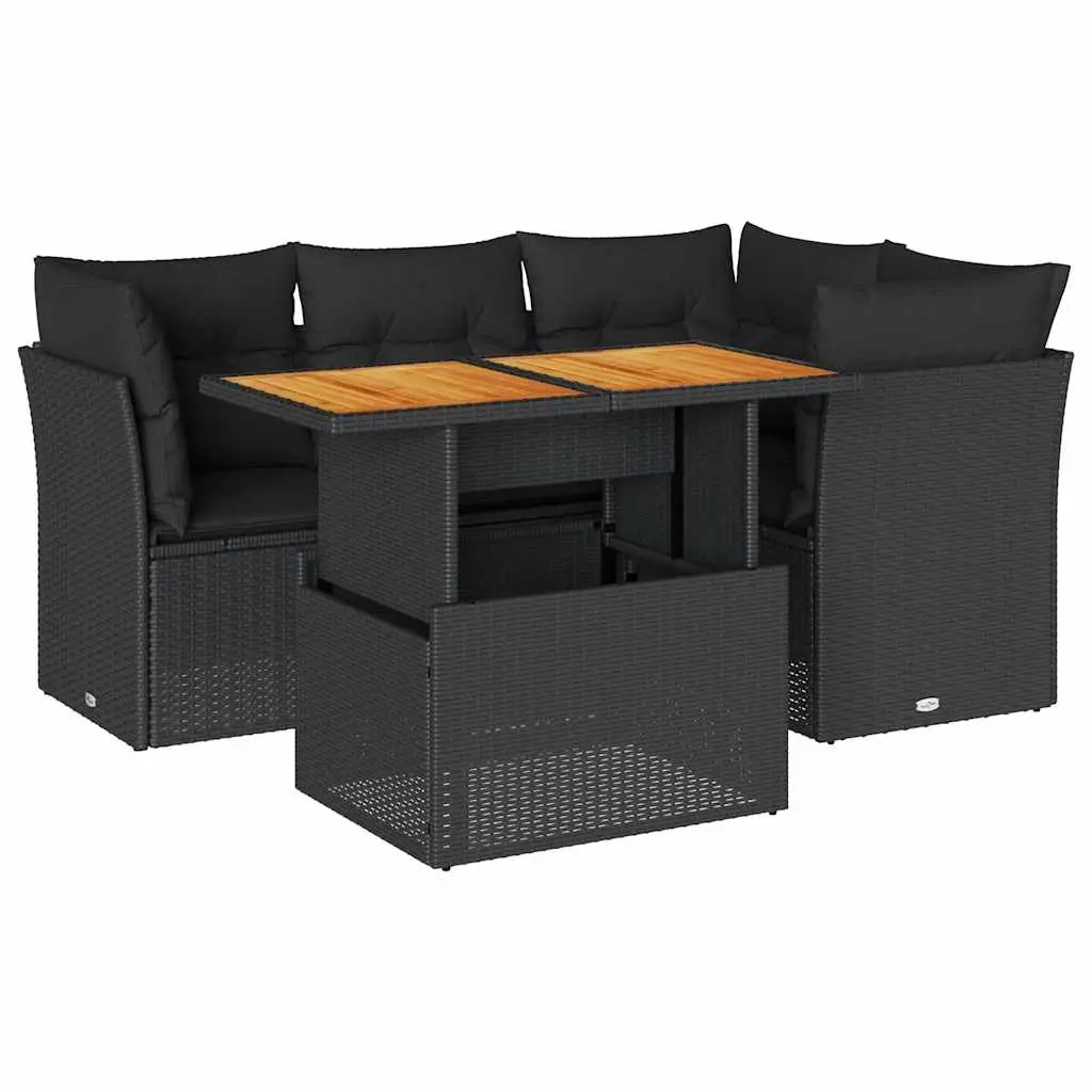 5 Piece Garden Sofa Set with Cushions Black Poly Rattan 3326918 - Furniture