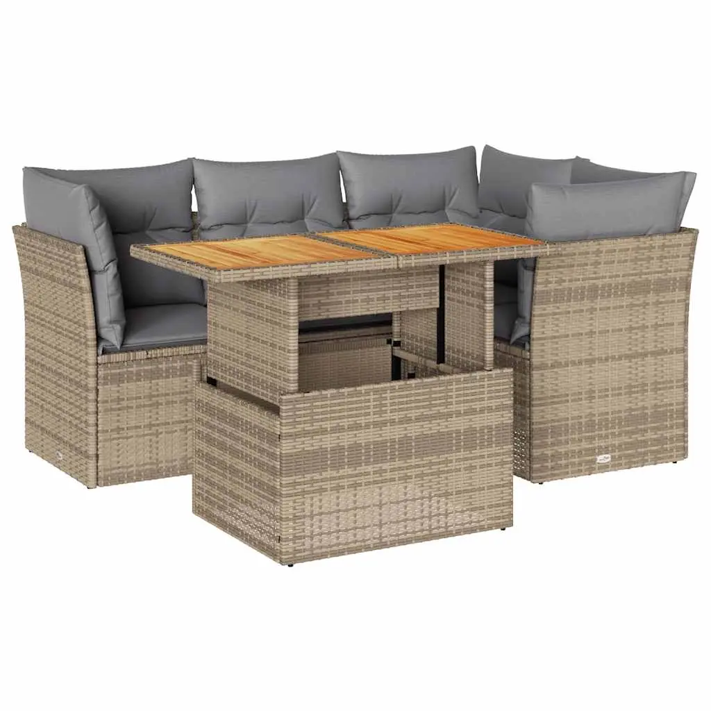 5 Piece Garden Sofa Set with Cushions Beige Poly Rattan 3326922 - Furniture
