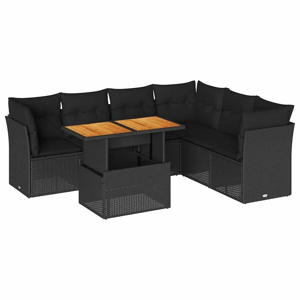 7 Piece Garden Sofa Set with Cushions Black Poly Rattan 3326932 - Furniture