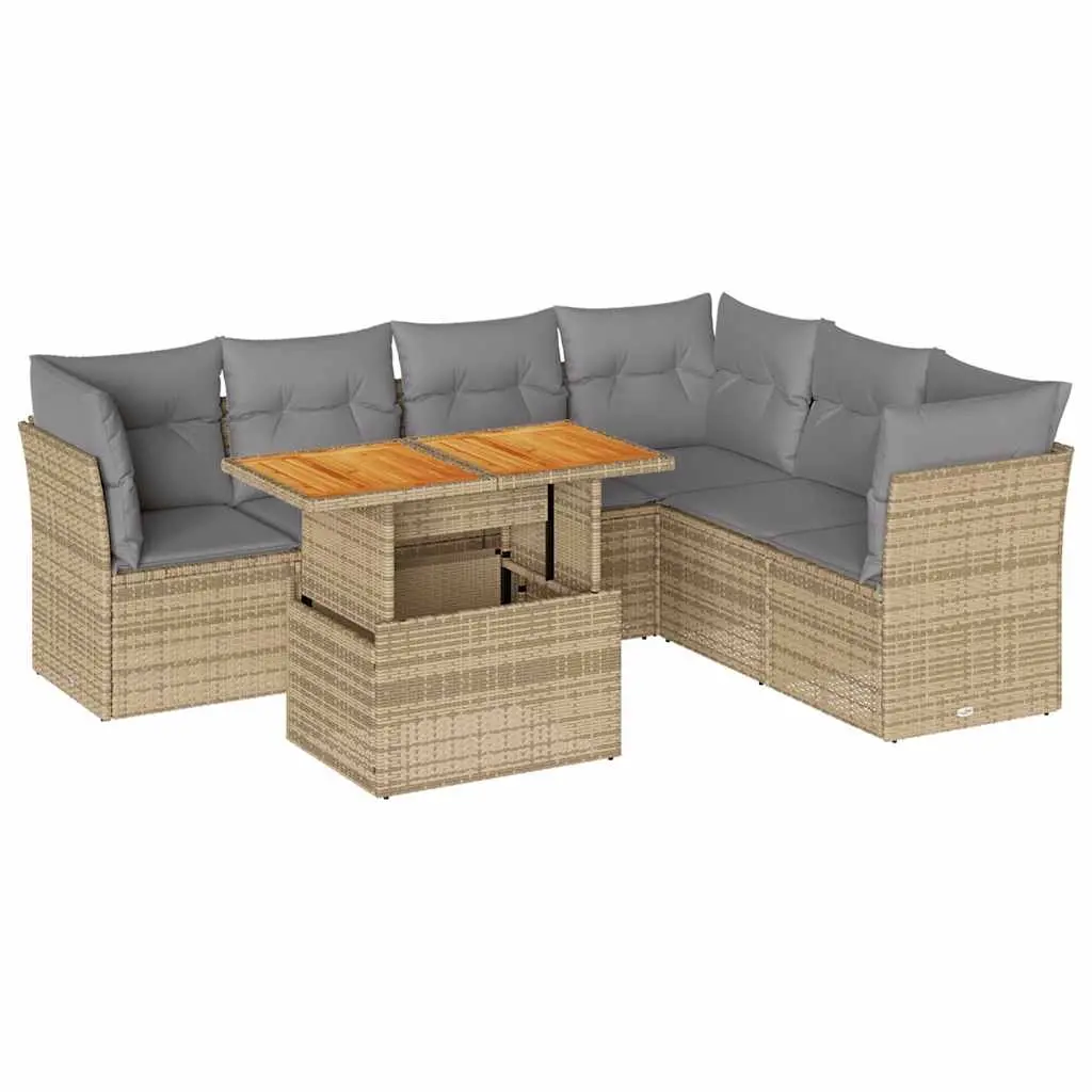 7 Piece Garden Sofa Set with Cushions Beige Poly Rattan 3326936 - Furniture