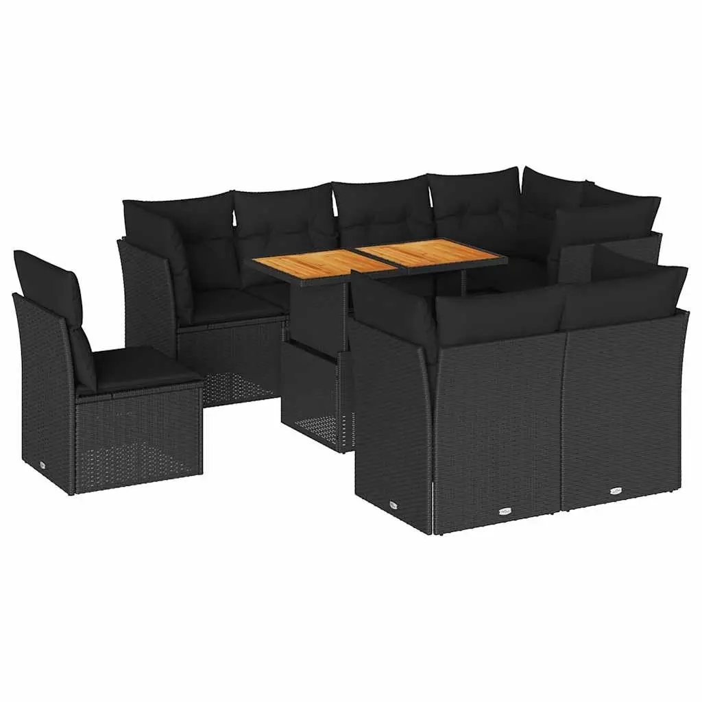 9 Piece Garden Sofa Set with Cushions Black Poly Rattan 3326939 - Furniture