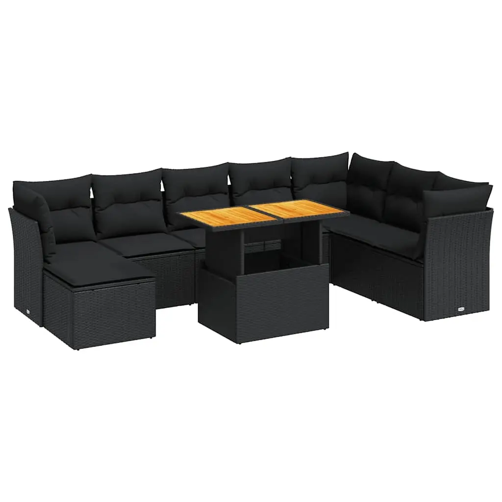 9 Piece Garden Sofa Set with Cushions Black Poly Rattan 3326960 - Furniture