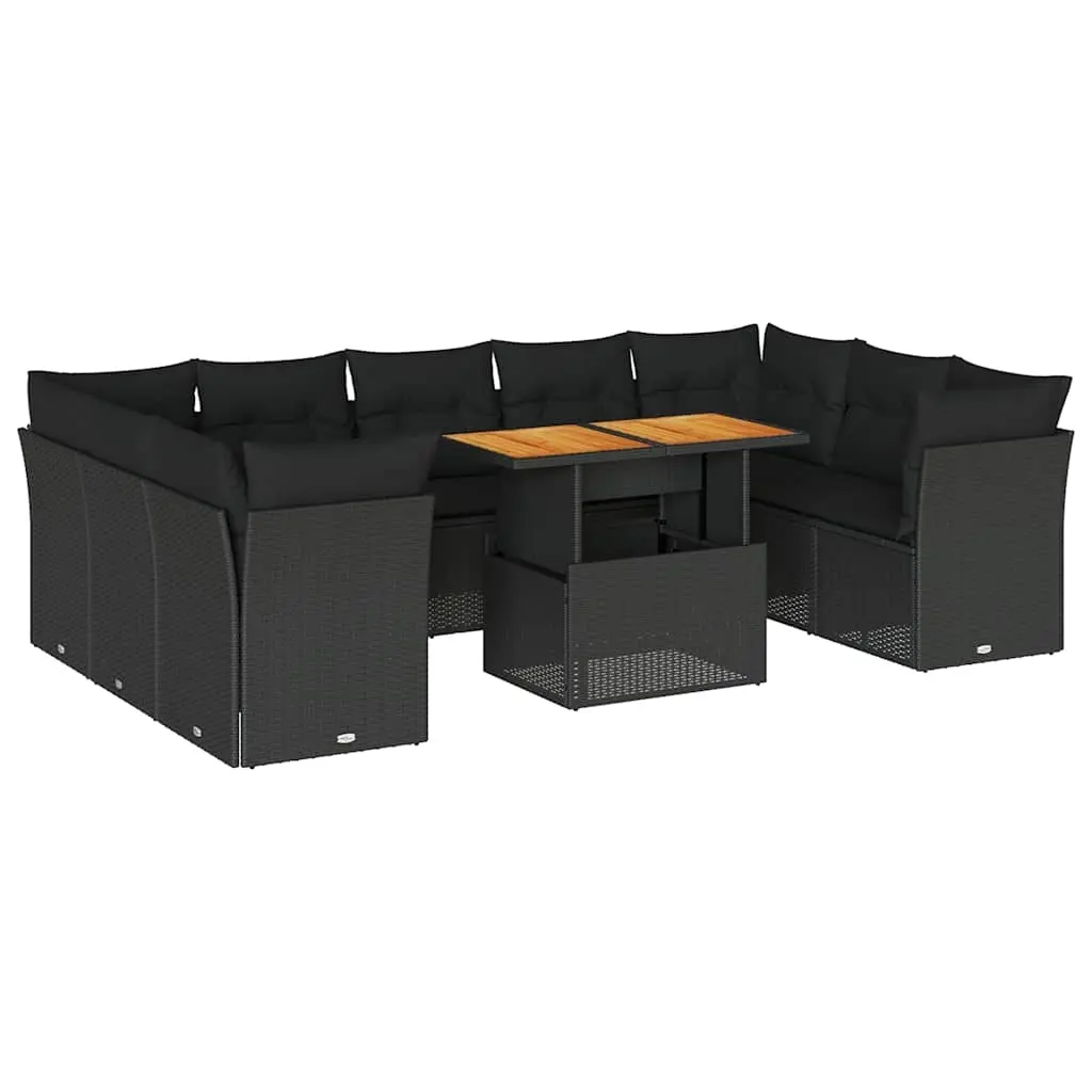 10 Piece Garden Sofa Set with Cushions Black Poly Rattan 3326967 - Furniture