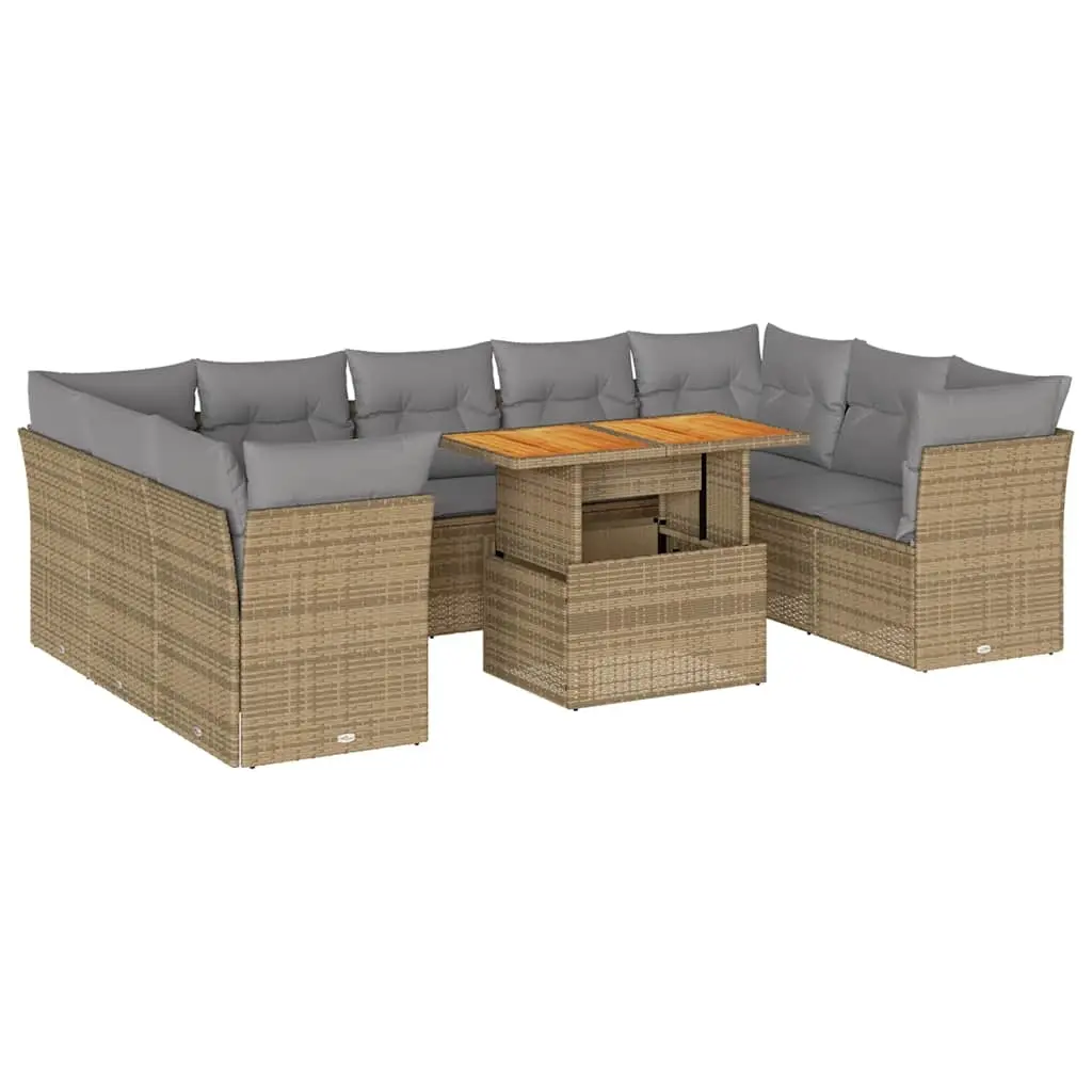 10 Piece Garden Sofa Set with Cushions Beige Poly Rattan 3326971 - Furniture