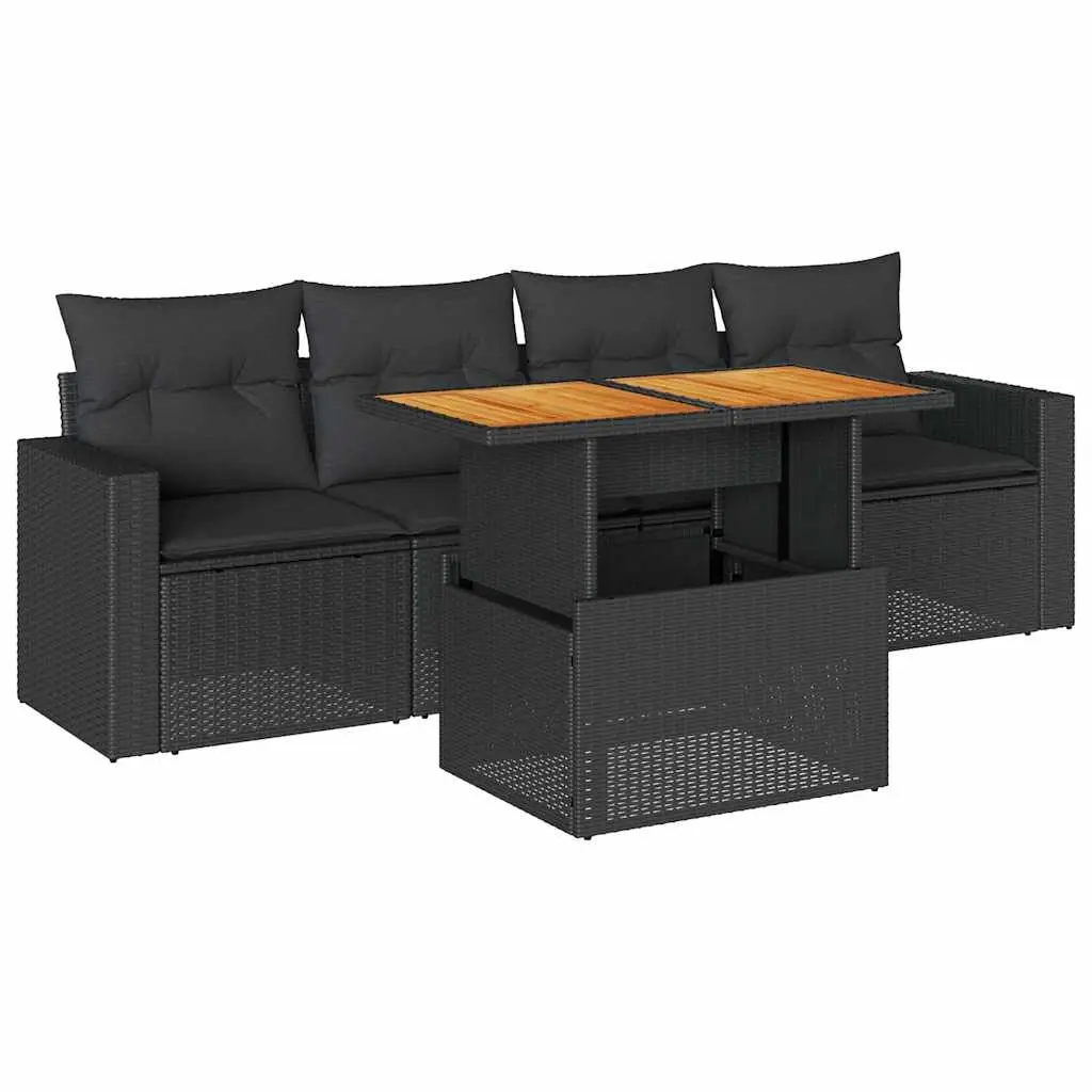5 Piece Garden Sofa Set with Cushions Black Poly Rattan 3326981 - Furniture