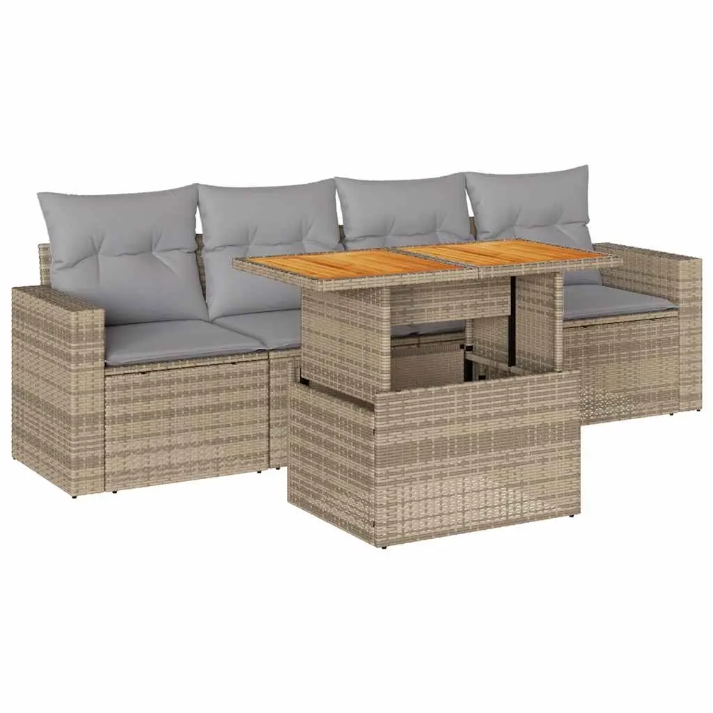 5 Piece Garden Sofa Set with Cushions Beige Poly Rattan 3326985 - Furniture