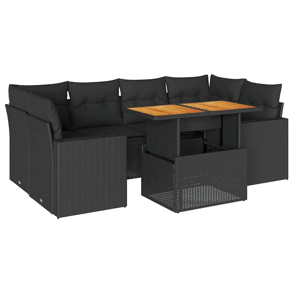 7 Piece Garden Sofa Set with Cushions Black Poly Rattan 3327002 - Furniture