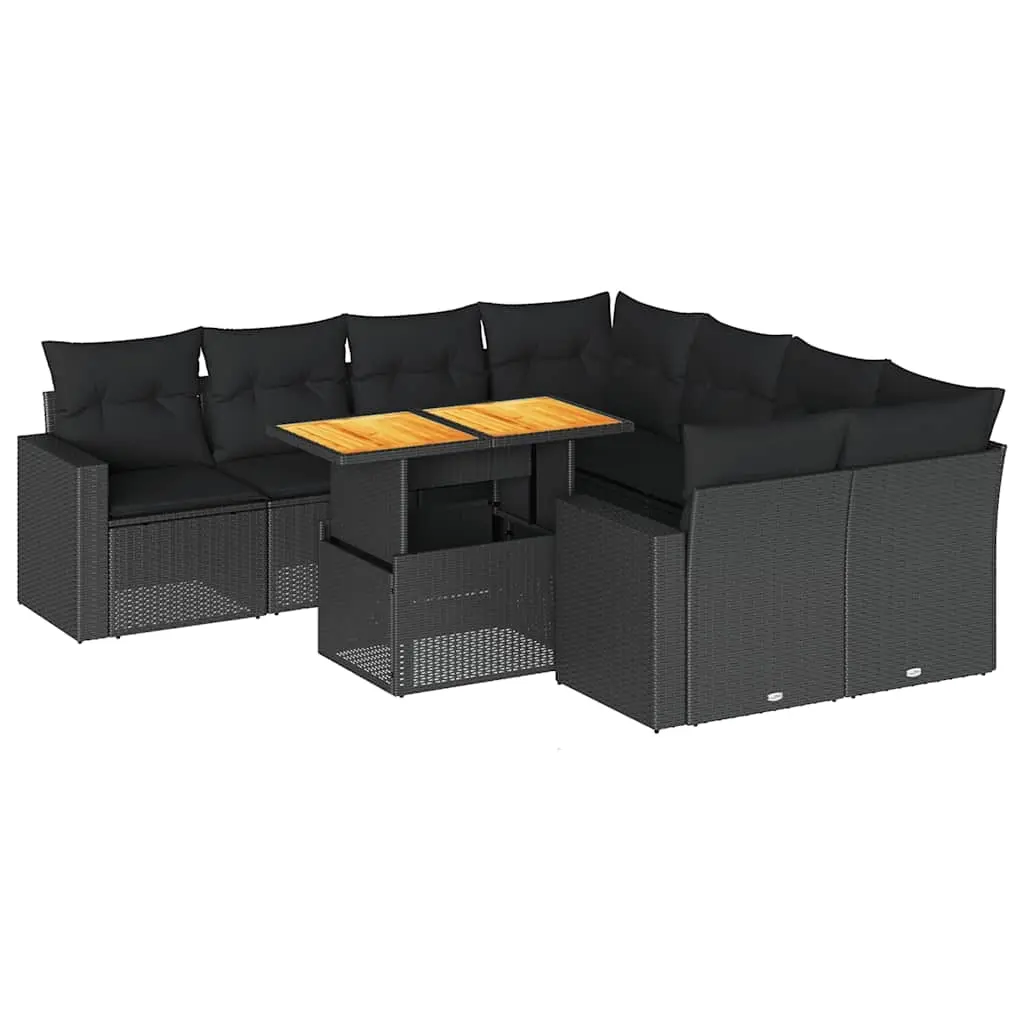 9 Piece Garden Sofa Set with Cushions Black Poly Rattan 3327016 - Furniture