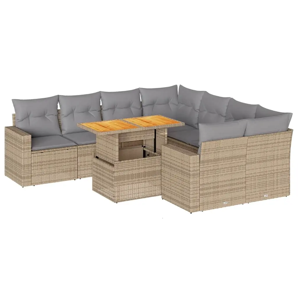 9 Piece Garden Sofa Set with Cushions Beige Poly Rattan 3327020 - Furniture