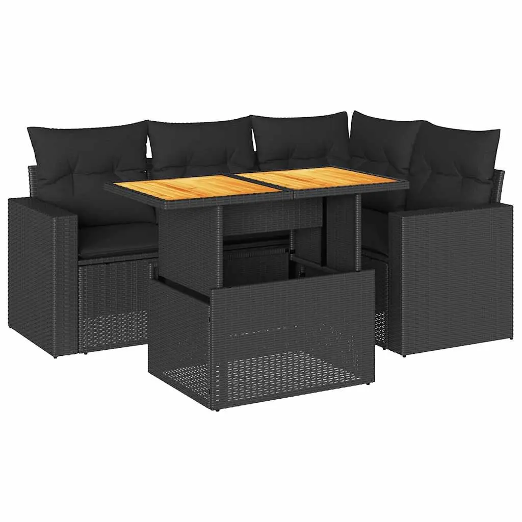 5 Piece Garden Sofa Set with Cushions Black Poly Rattan 3327030 - Furniture