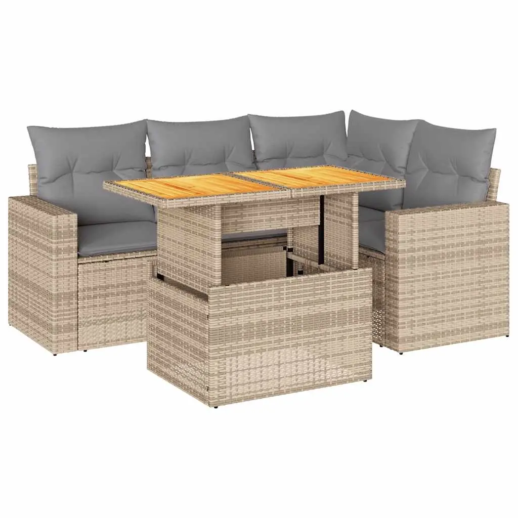 5 Piece Garden Sofa Set with Cushions Beige Poly Rattan 3327034 - Furniture