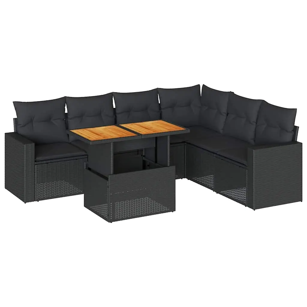 7 Piece Garden Sofa Set with Cushions Black Poly Rattan 3327044 - Furniture