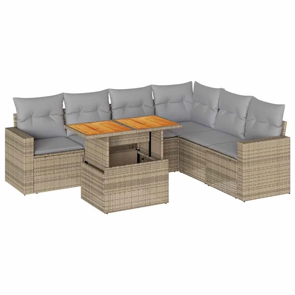 7 Piece Garden Sofa Set with Cushions Beige Poly Rattan 3327048 - Furniture