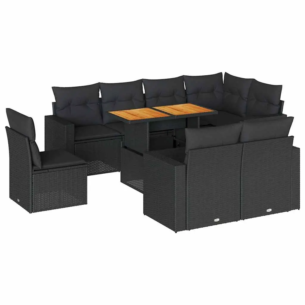 9 Piece Garden Sofa Set with Cushions Black Poly Rattan 3327051 - Furniture
