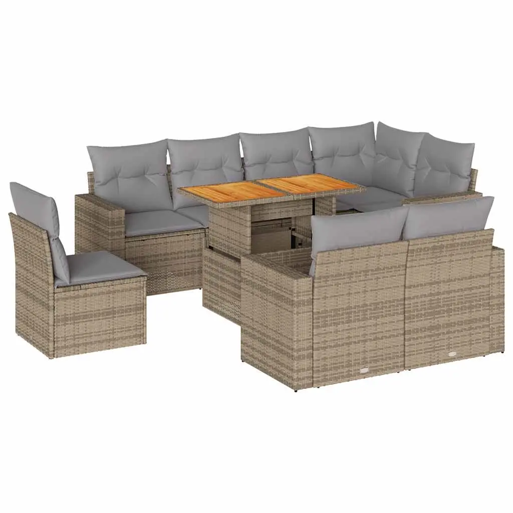 9 Piece Garden Sofa Set with Cushions Beige Poly Rattan 3327055 - Furniture