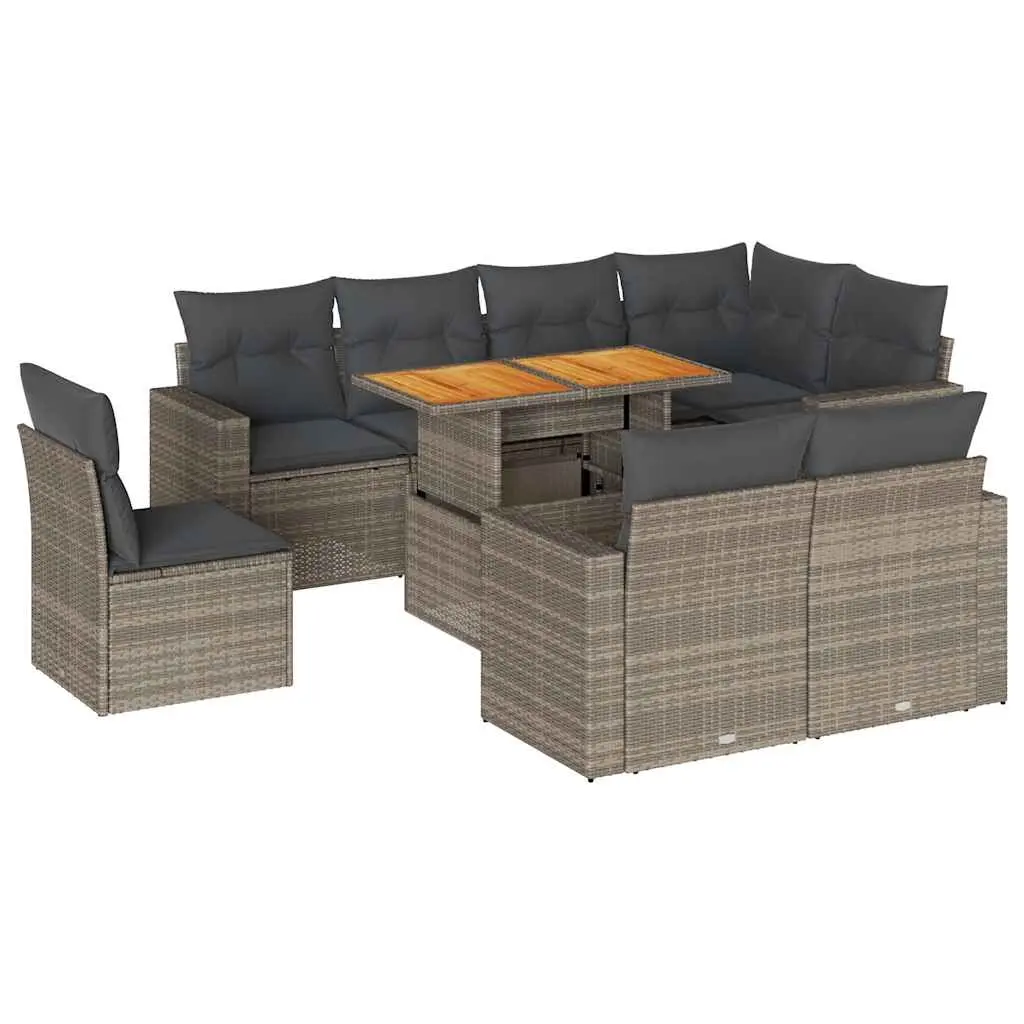 9 Piece Garden Sofa Set with Cushions Grey Poly Rattan 3327056 - Furniture