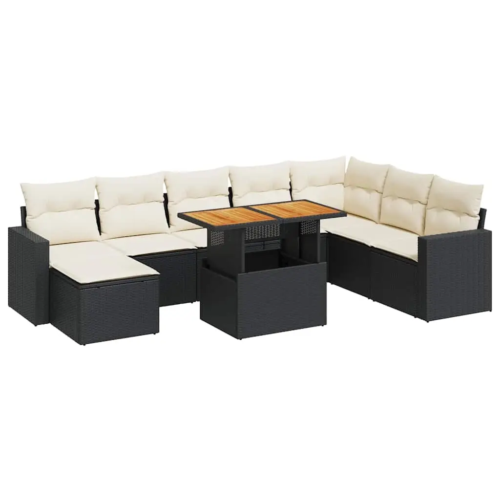 9 Piece Garden Sofa Set with Cushions Black Poly Rattan 3327073 - Furniture