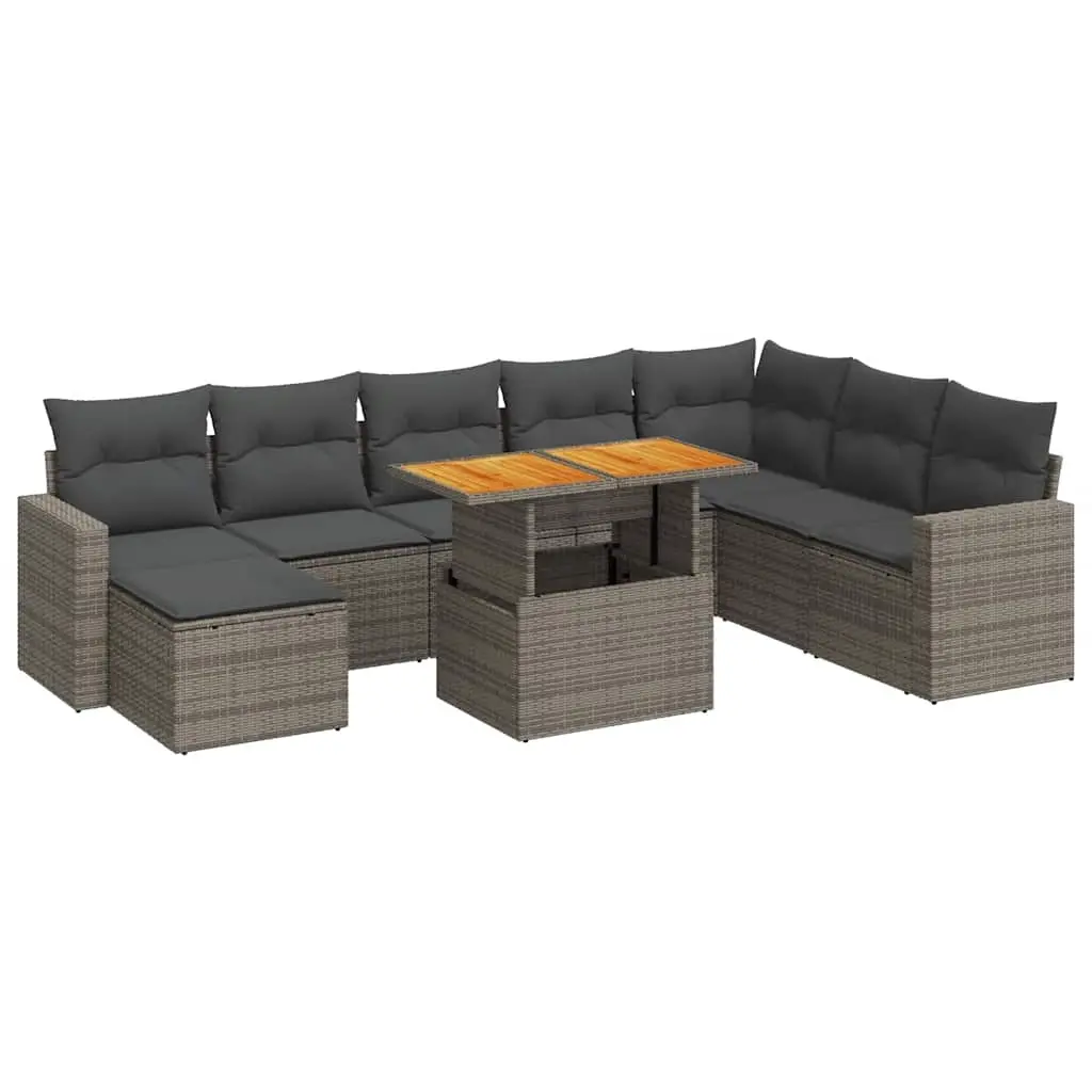 9 Piece Garden Sofa Set with Cushions Grey Poly Rattan 3327077 - Furniture