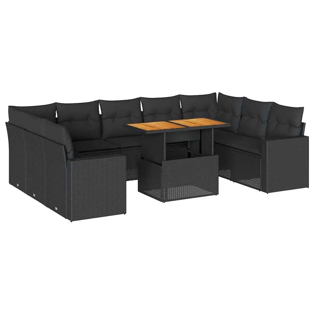 10 Piece Garden Sofa Set with Cushions Black Poly Rattan 3327079 - Furniture