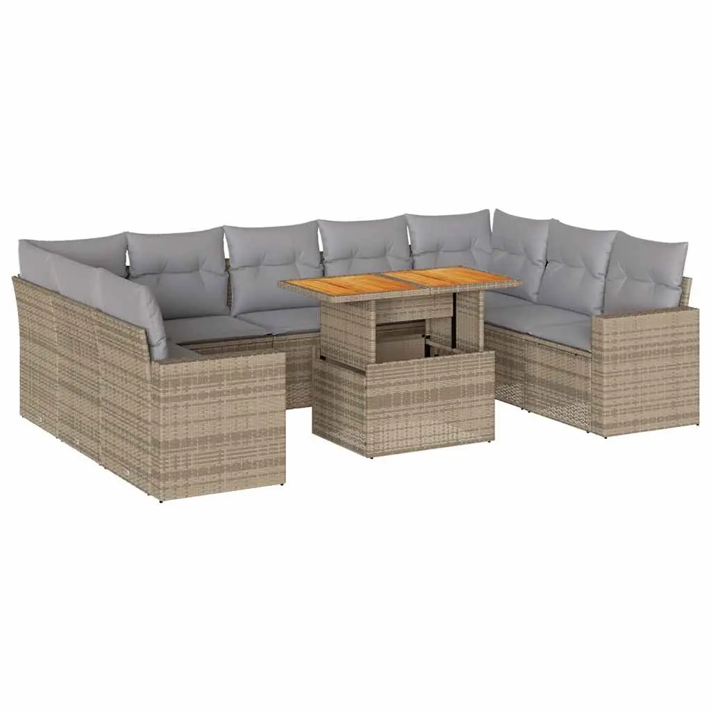 10 Piece Garden Sofa Set with Cushions Beige Poly Rattan 3327083 - Furniture