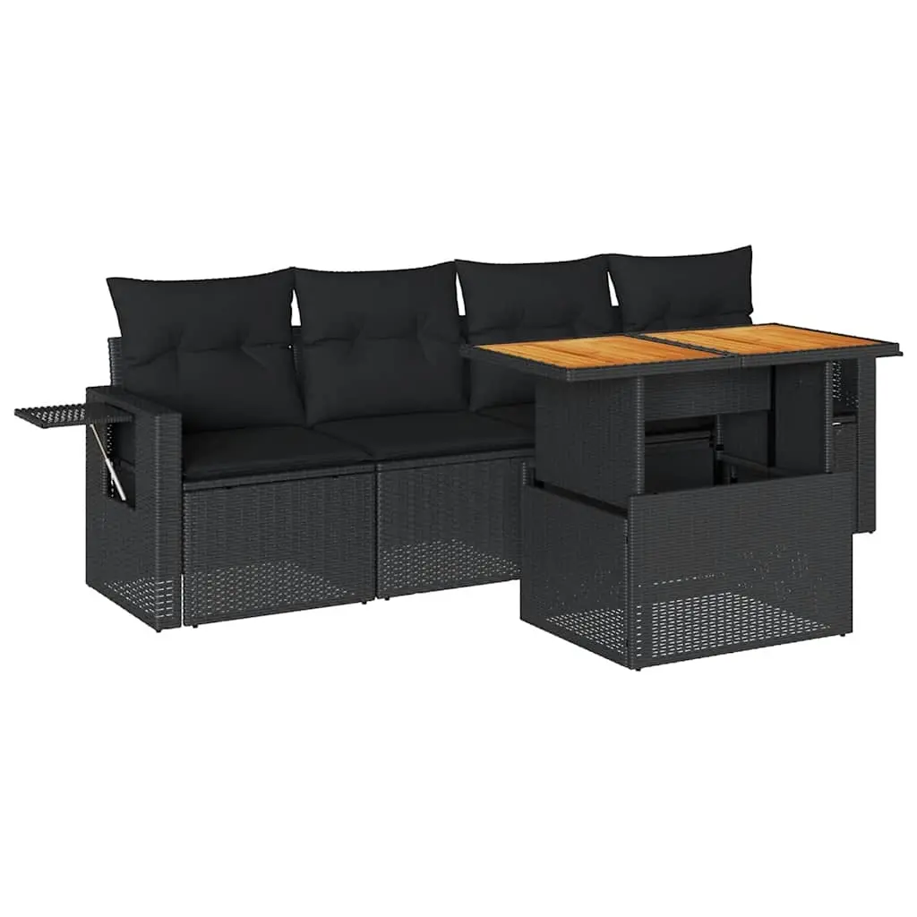 5 Piece Garden Sofa Set with Cushions Black Poly Rattan 3327093 - Furniture