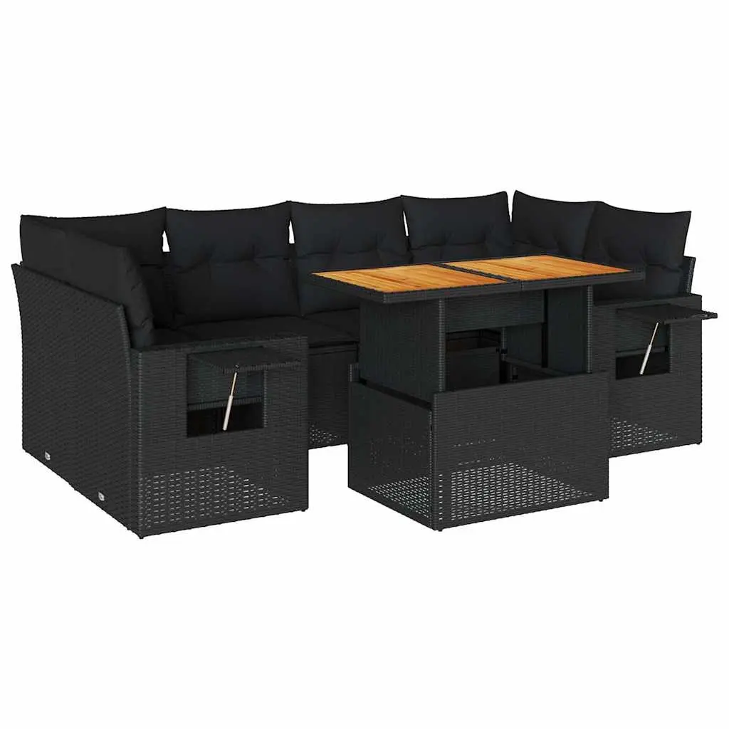 7 Piece Garden Sofa Set with Cushions Black Poly Rattan 3327114 - Furniture