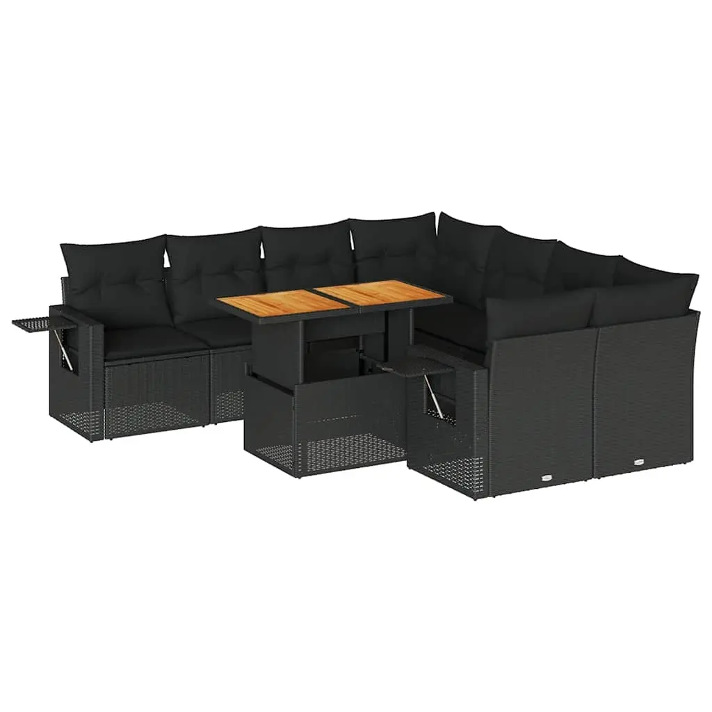 9 Piece Garden Sofa Set with Cushions Black Poly Rattan 3327128 - Furniture