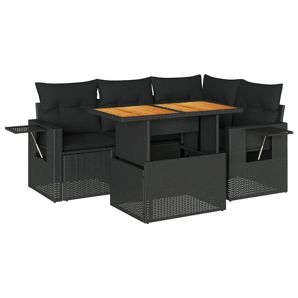5 Piece Garden Sofa Set with Cushions Black Poly Rattan 3327142 - Furniture