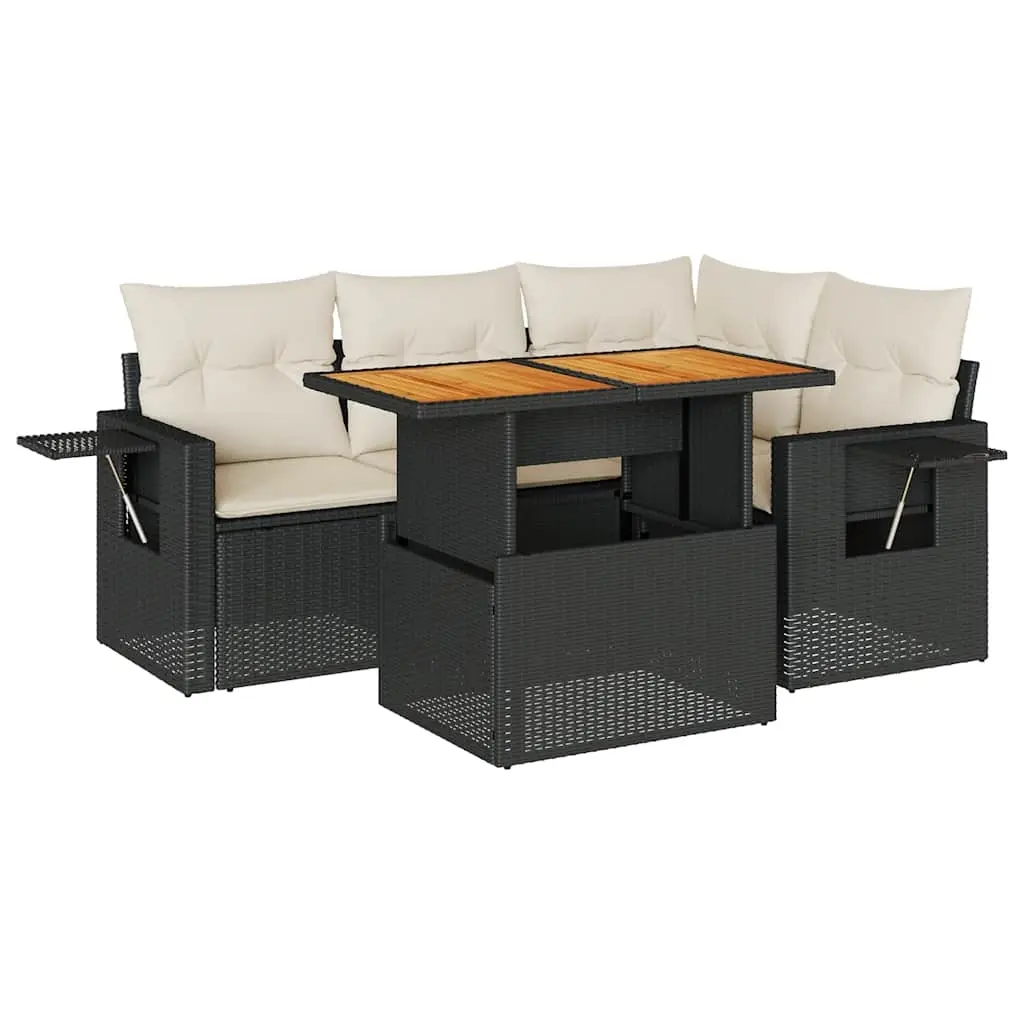 5 Piece Garden Sofa Set with Cushions Black Poly Rattan 3327143 - Furniture