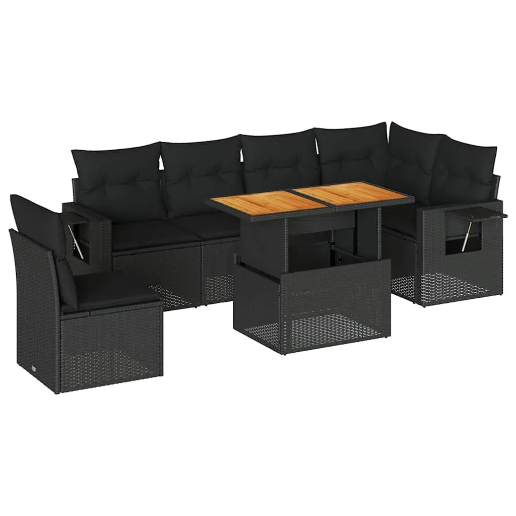 7 Piece Garden Sofa Set with Cushions Black Poly Rattan 3327156 - Furniture