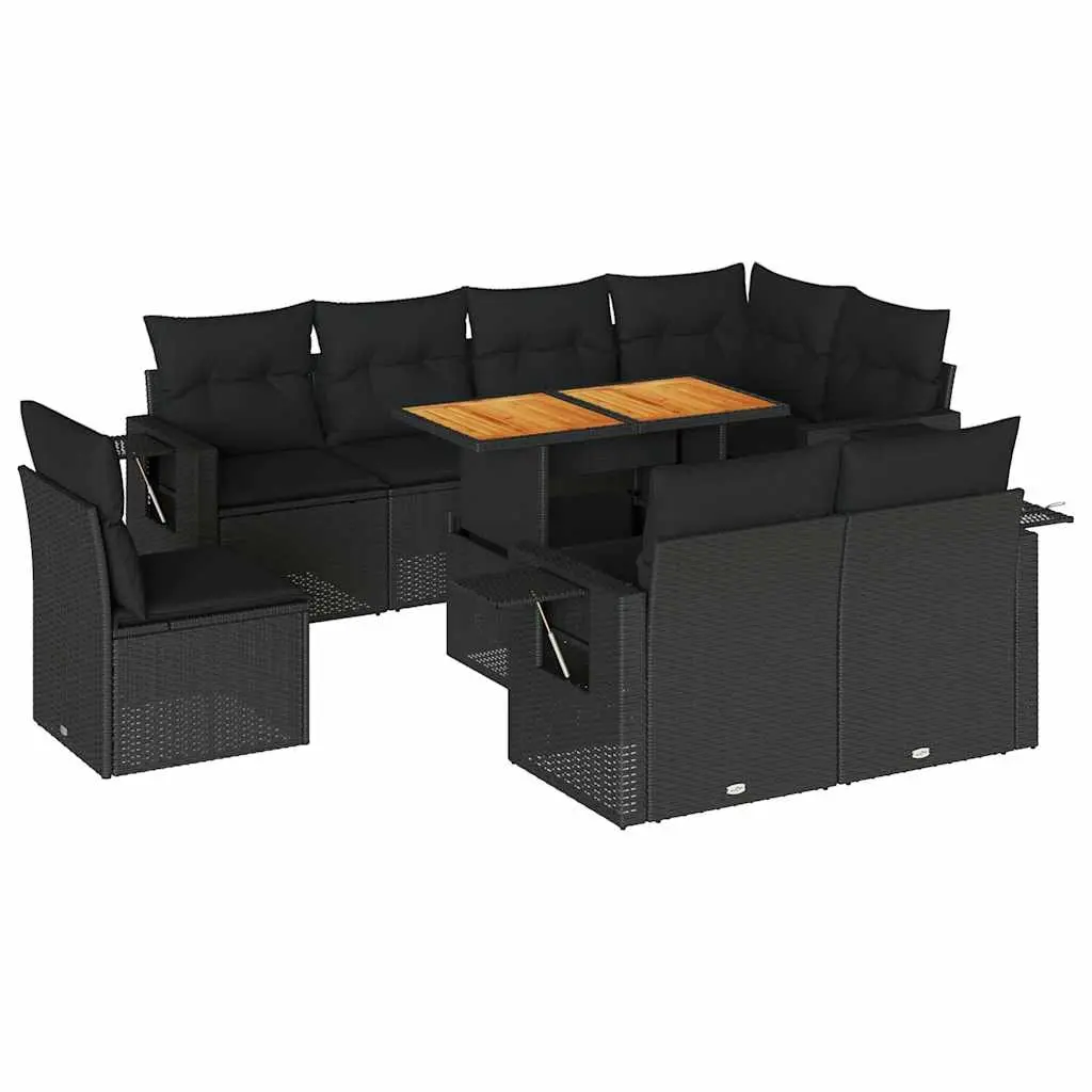 9 Piece Garden Sofa Set with Cushions Black Poly Rattan 3327163 - Furniture