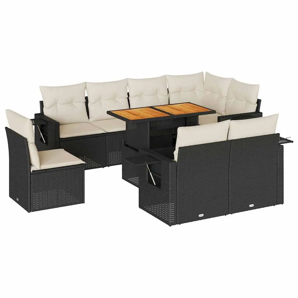 9 Piece Garden Sofa Set with Cushions Black Poly Rattan 3327164 - Furniture