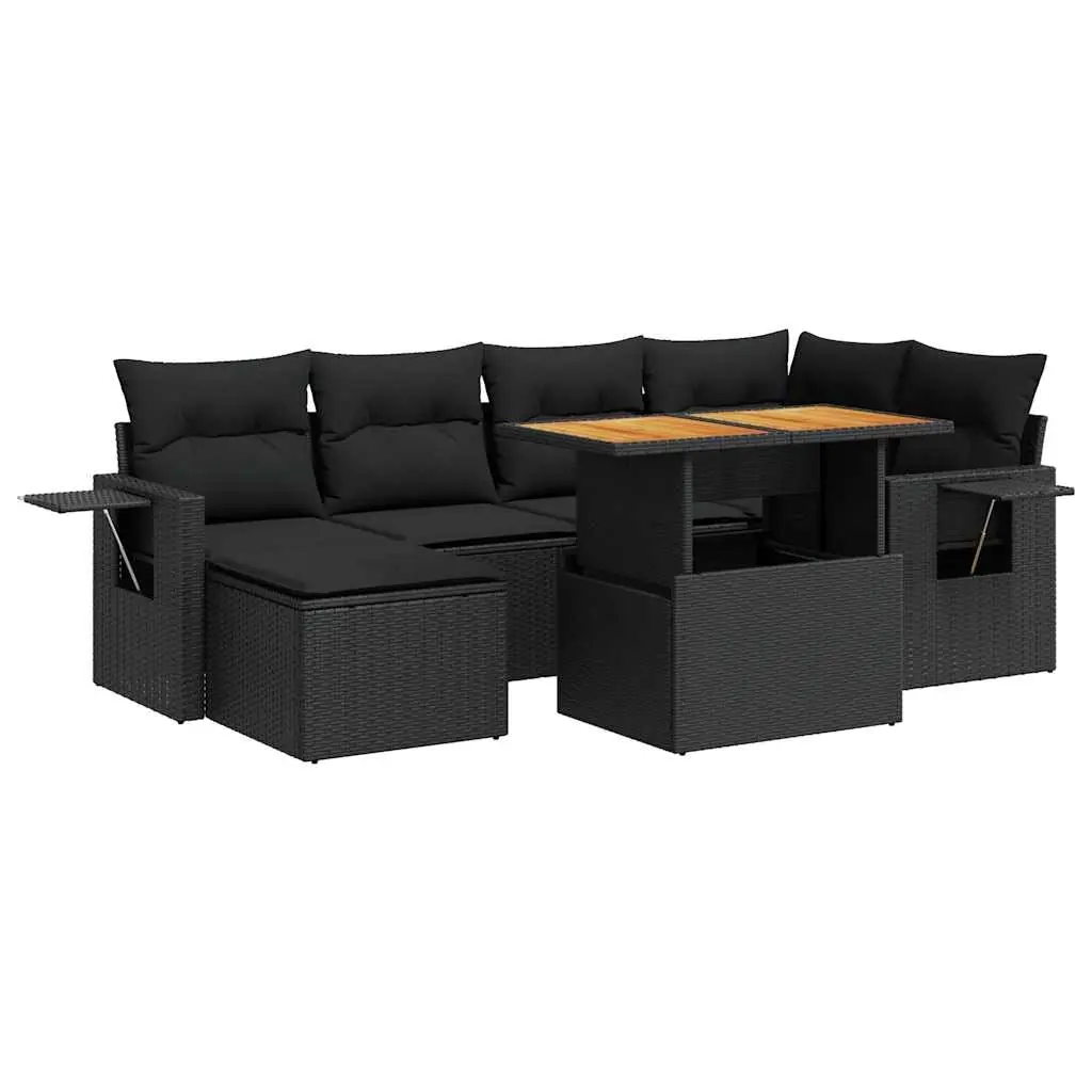 7 Piece Garden Sofa Set with Cushions Black Poly Rattan 3327170 - Furniture