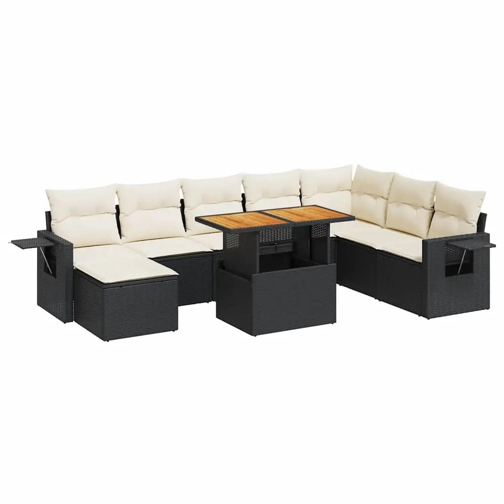 9 Piece Garden Sofa Set with Cushions Black Poly Rattan 3327185 - Furniture