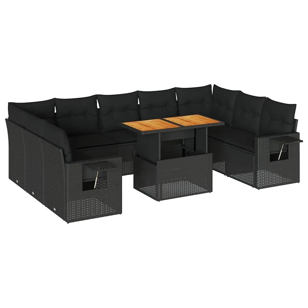 10 Piece Garden Sofa Set with Cushions Black Poly Rattan 3327191 - Furniture