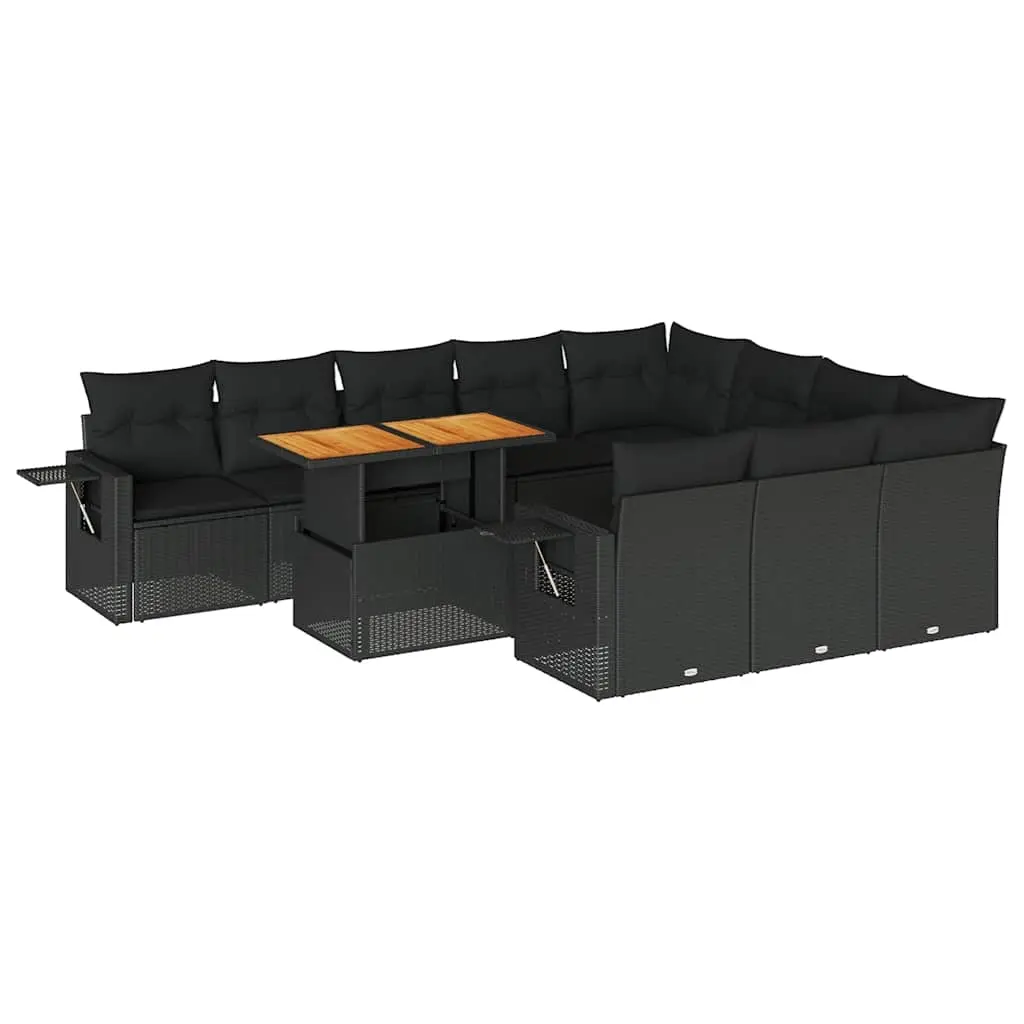 11 Piece Garden Sofa Set with Cushions Black Poly Rattan 3327198 - Furniture