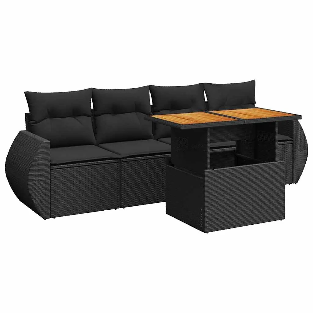 5 Piece Garden Sofa Set with Cushions Black Poly Rattan 3327205 - Furniture