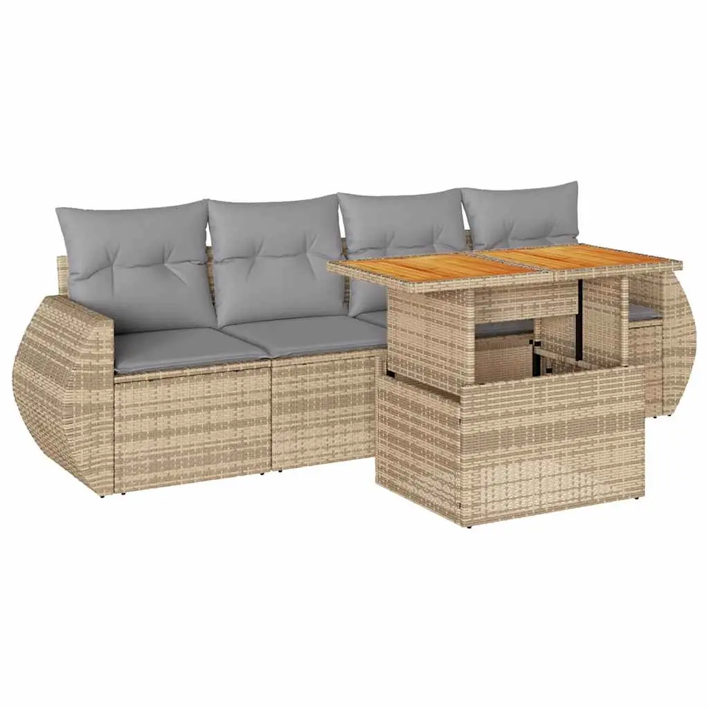 5 Piece Garden Sofa Set with Cushions Beige Poly Rattan 3327209 - Furniture