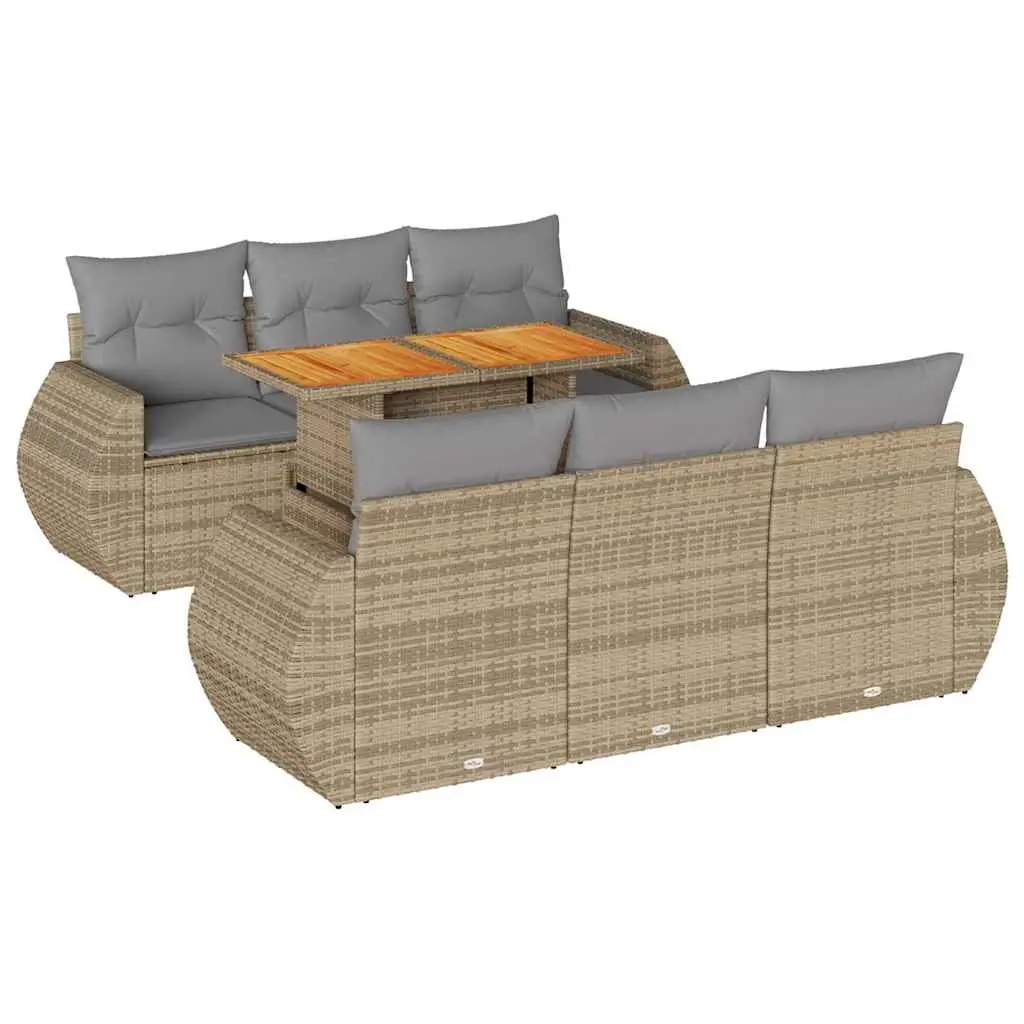 7 Piece Garden Sofa Set with Cushions Beige Poly Rattan 3327223 - Furniture