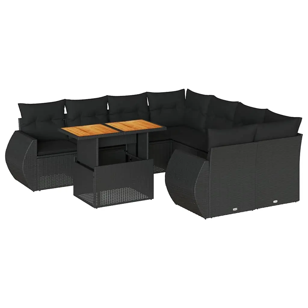 9 Piece Garden Sofa Set with Cushions Black Poly Rattan 3327240 - Furniture