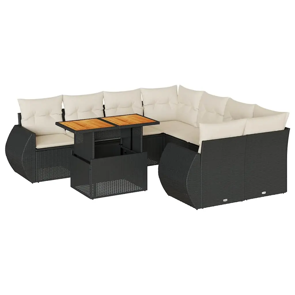 9 Piece Garden Sofa Set with Cushions Black Poly Rattan 3327241 - Furniture