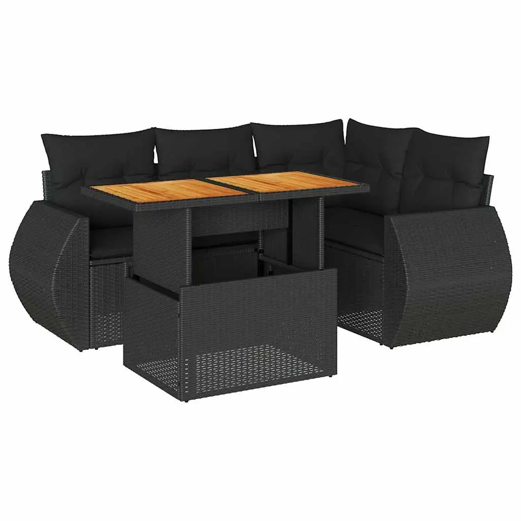 5 Piece Garden Sofa Set with Cushions Black Poly Rattan 3327254 - Furniture