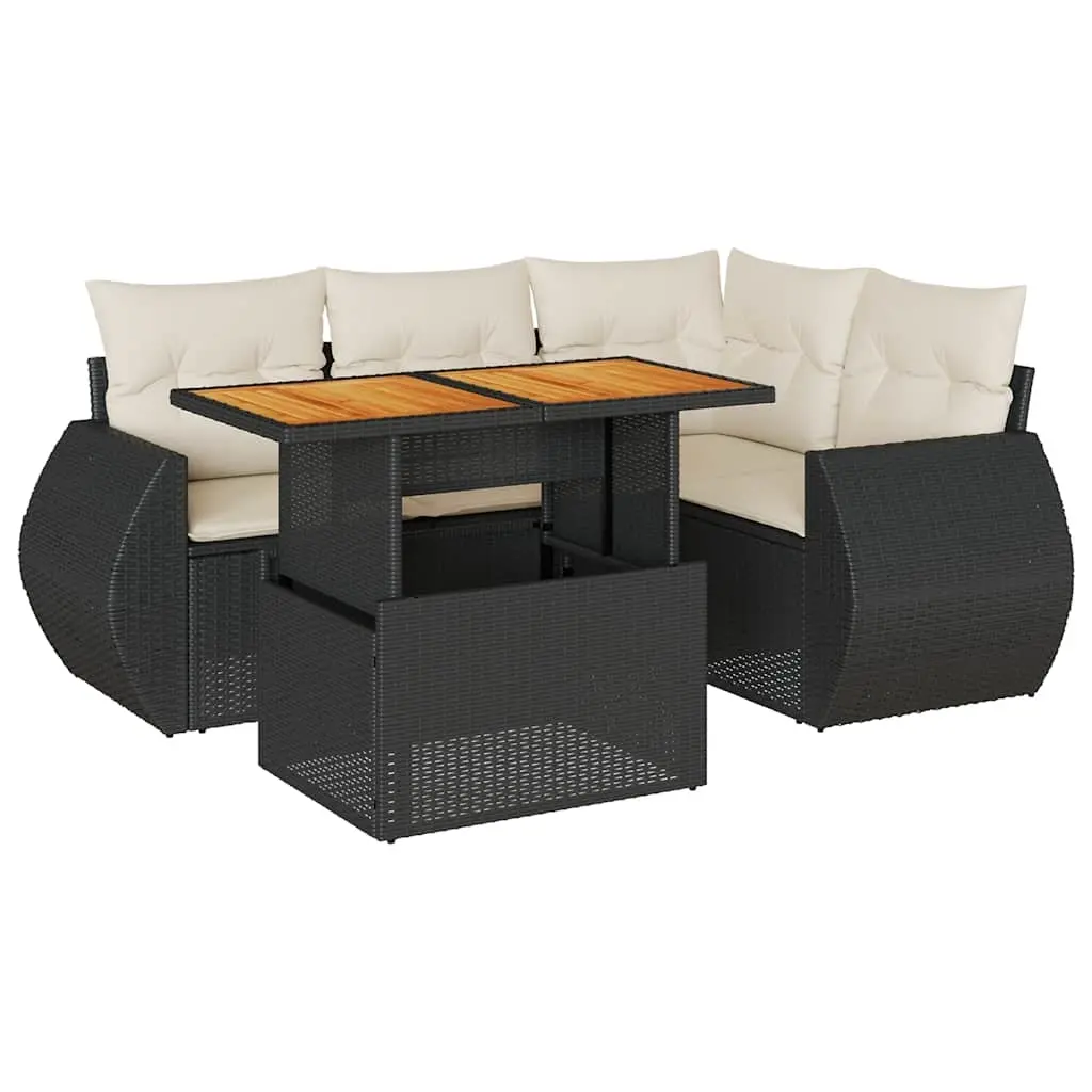 5 Piece Garden Sofa Set with Cushions Black Poly Rattan 3327255 - Furniture