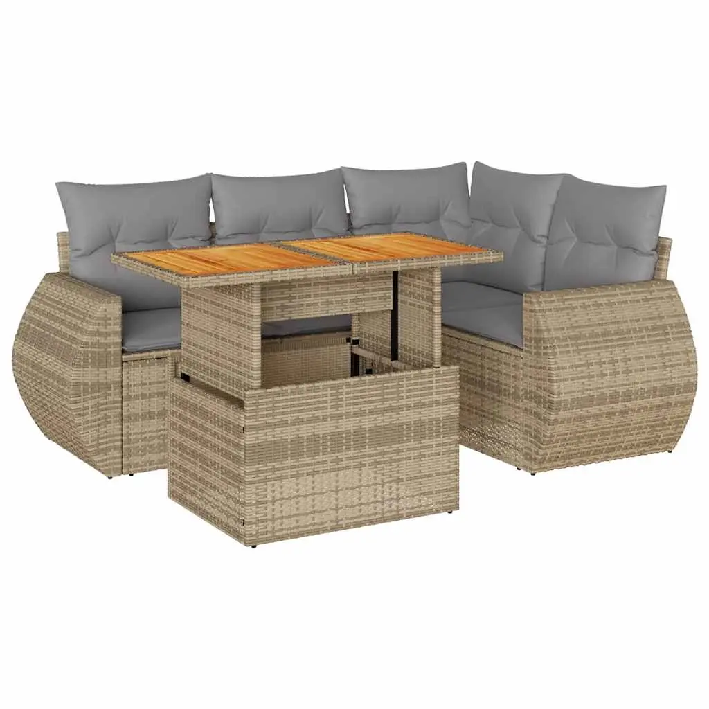5 Piece Garden Sofa Set with Cushions Beige Poly Rattan 3327258 - Furniture