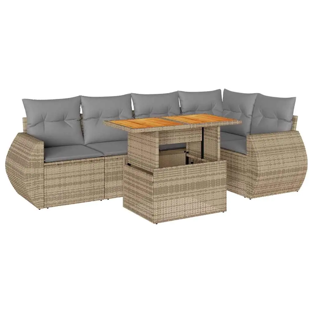 6 Piece Garden Sofa Set with Cushions Beige Poly Rattan 3327265 - Furniture