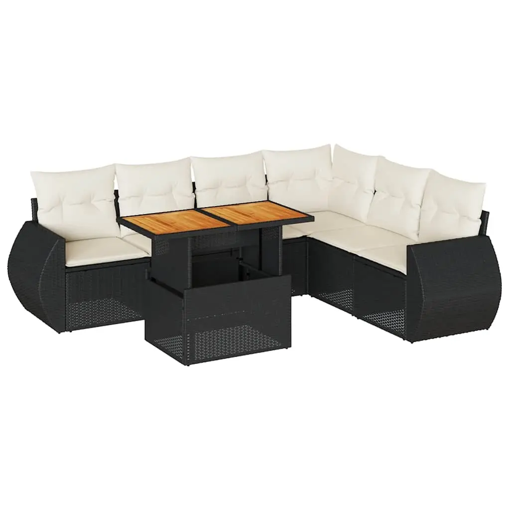7 Piece Garden Sofa Set with Cushions Black Poly Rattan 3327269 - Furniture