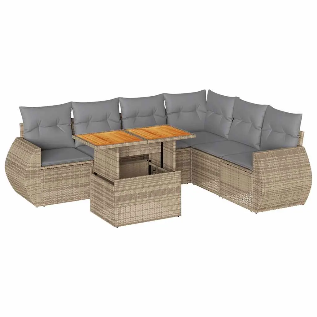 7 Piece Garden Sofa Set with Cushions Beige Poly Rattan 3327272 - Furniture