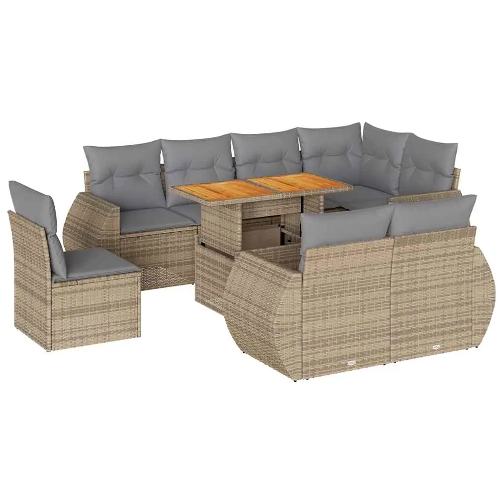 9 Piece Garden Sofa Set with Cushions Beige Poly Rattan 3327279 - Furniture